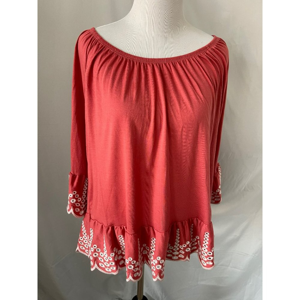 Fever Salmon Flare 3/4 Sleeve Eyelet Embroidered Wide neck Ruffle Bottom Blouse - Picture 9 of 10